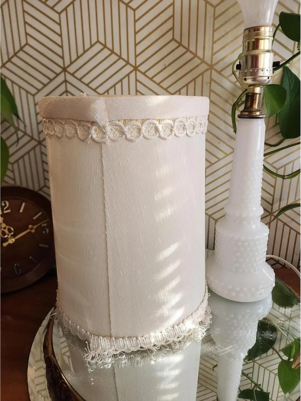 Vintage Milkglass Boudoir Table Lamp with Fringed Clip on Shade